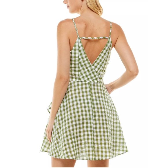 SPEECHLESS Juniors Gingham Cotton Faux-Wrap Dress Olive White XXS - Picture 2 of 3